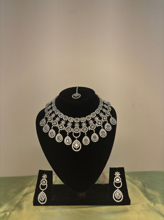 Lustrous Teardrop CZ Choker with Matching Maang Tikka & Earrings