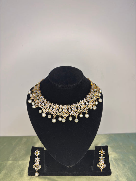 Gleaming Diamond-Look Pearl Fringe Bridal Choker Set