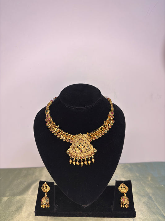 Antique Gold Matte Semi-Choker with Filigree Centre Pendant