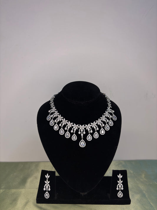 Rhodium-Plated CZ Floral Droplet Partywear Necklace Set