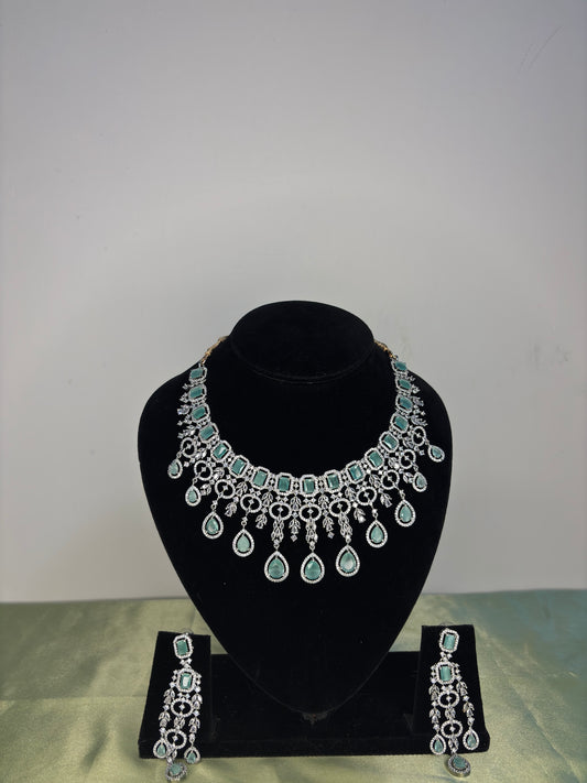 Mint Green & Clear Zirconia Waterfall Bridal Necklace Set